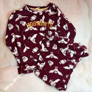 Harry Potter Burgundy Hogwarts Hedwig Long Sleeve 2pc Sleepwear PJs-Womens Sz Lg